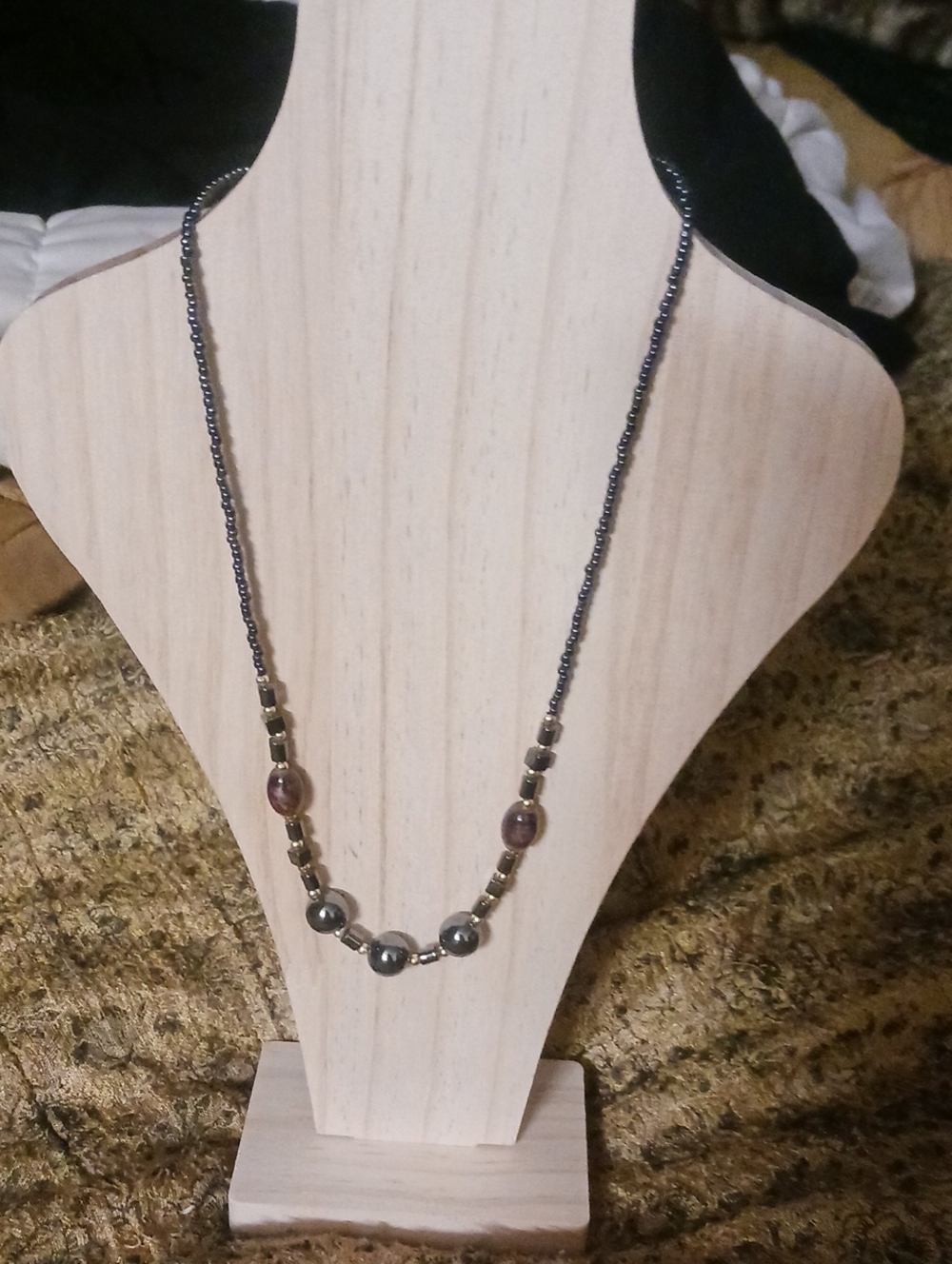 Handcrafted Hematite Necklesz Plus Wood Display